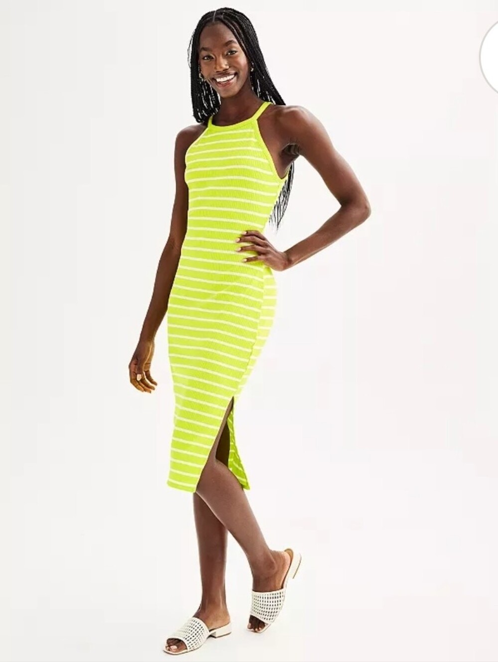 Derek Heart Lime Green White Striped Ribbed Knit Midi Dress High Neck Large